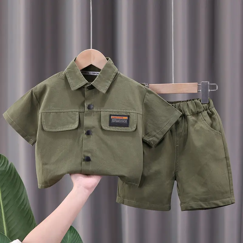 2023 Kids Short Sleeve Cotton T-Shirt Set Olive Green Medium - Image 5
