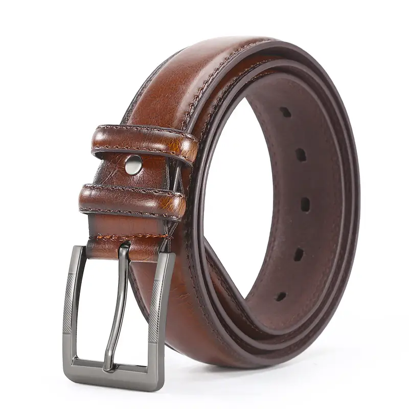 Men's Leather Belt Brown Silver Buckle Wholesale