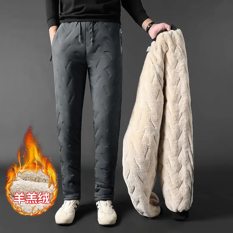 Men Fleece-Lined Cold-Proof Lamb Wool Pants Black - Image 6