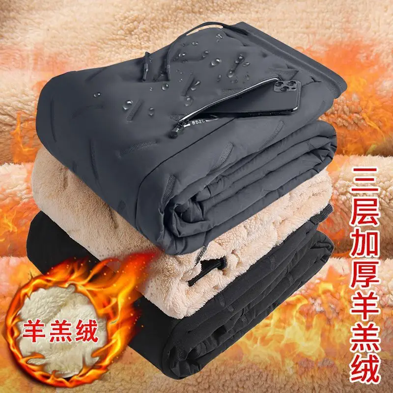 Men Fleece-Lined Cold-Proof Lamb Wool Pants Black - Image 7