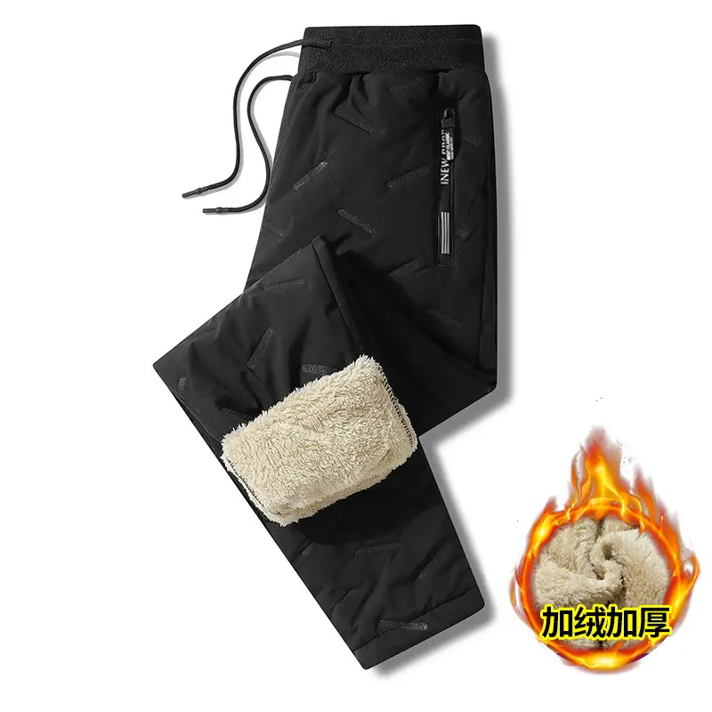 Men Fleece-Lined Cold-Proof Lamb Wool Pants Black - Image 2