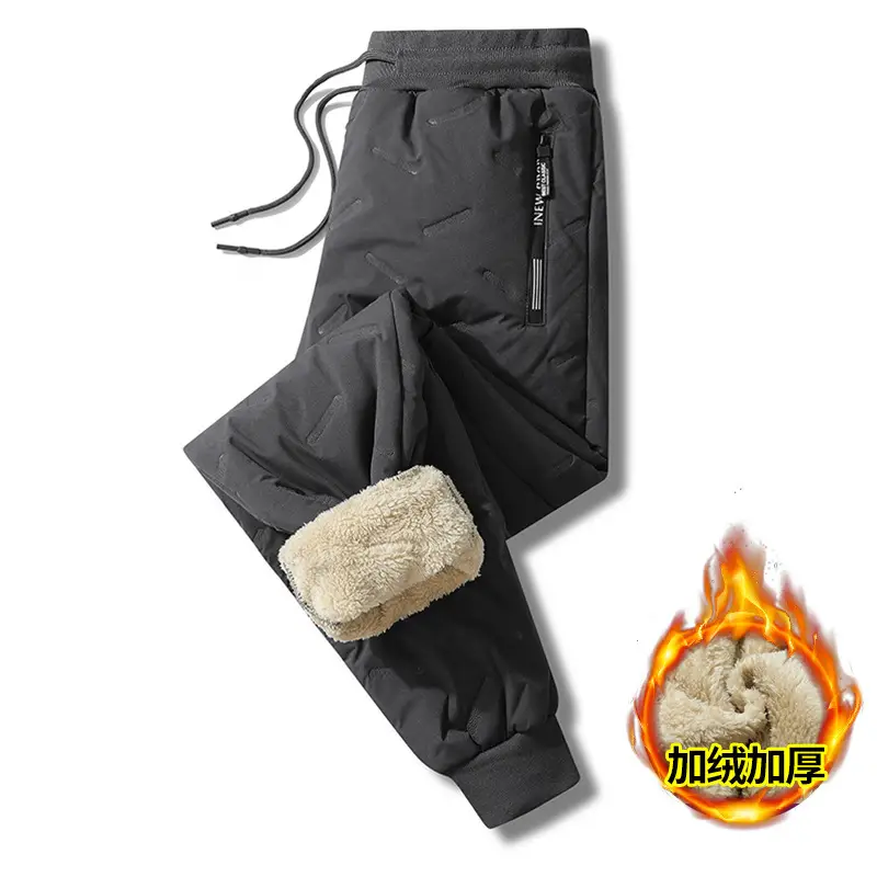 Men Fleece-Lined Cold-Proof Lamb Wool Pants Black - Image 3