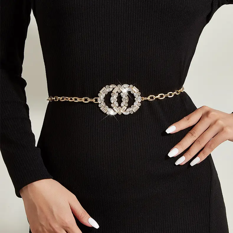 Double Round Rhinestone Belt Chain for Women