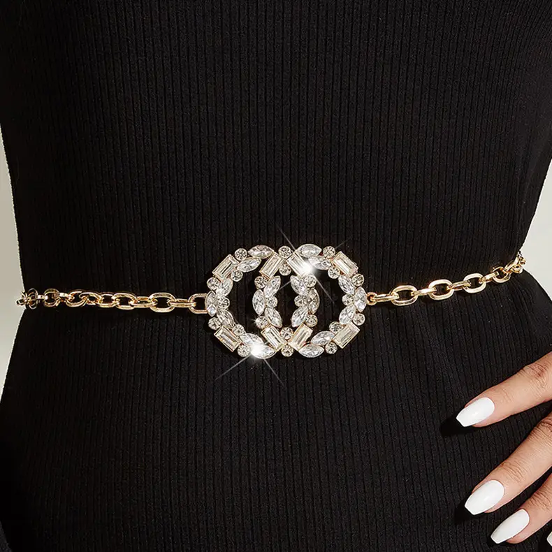 Double Round Rhinestone Belt Chain for Women