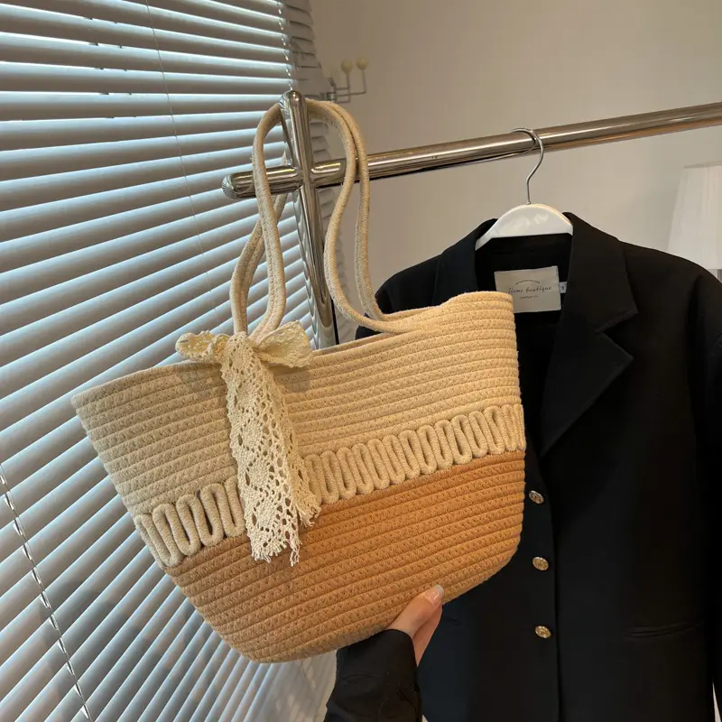 Women's Beige Knitted Hand Tote with Bow - Image 4