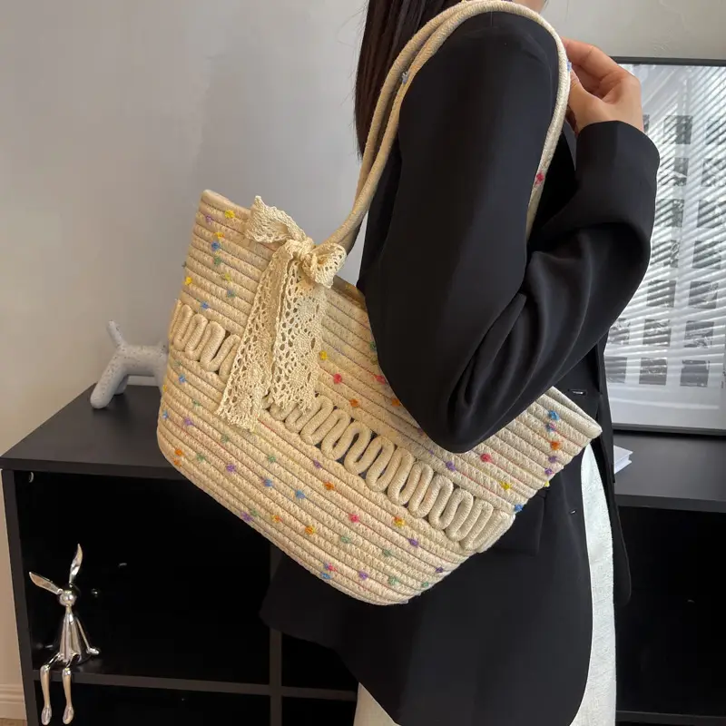 Women's Beige Knitted Hand Tote with Bow - Image 5