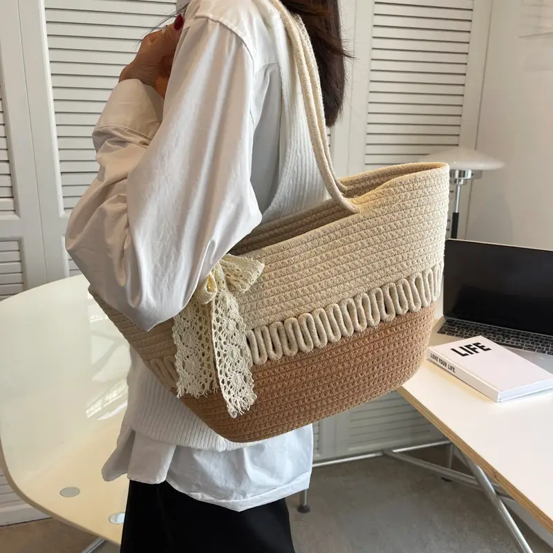 Women's Beige Knitted Hand Tote with Bow - Image 6