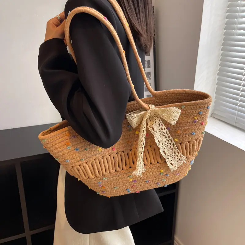 Women's Beige Knitted Hand Tote with Bow - Image 7
