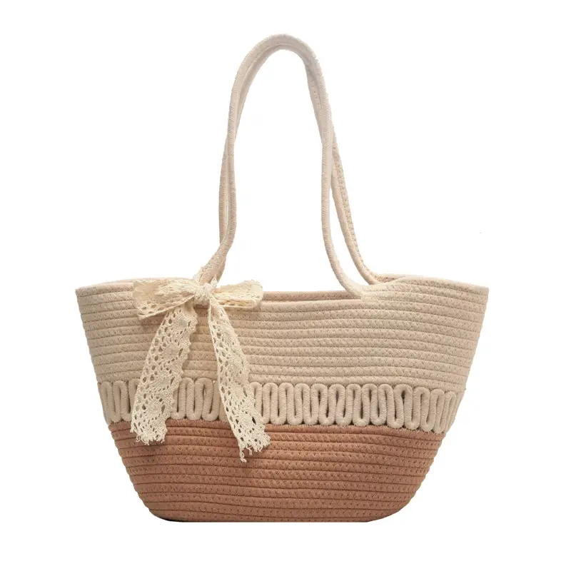 Women's Beige Knitted Hand Tote with Bow - Image 8