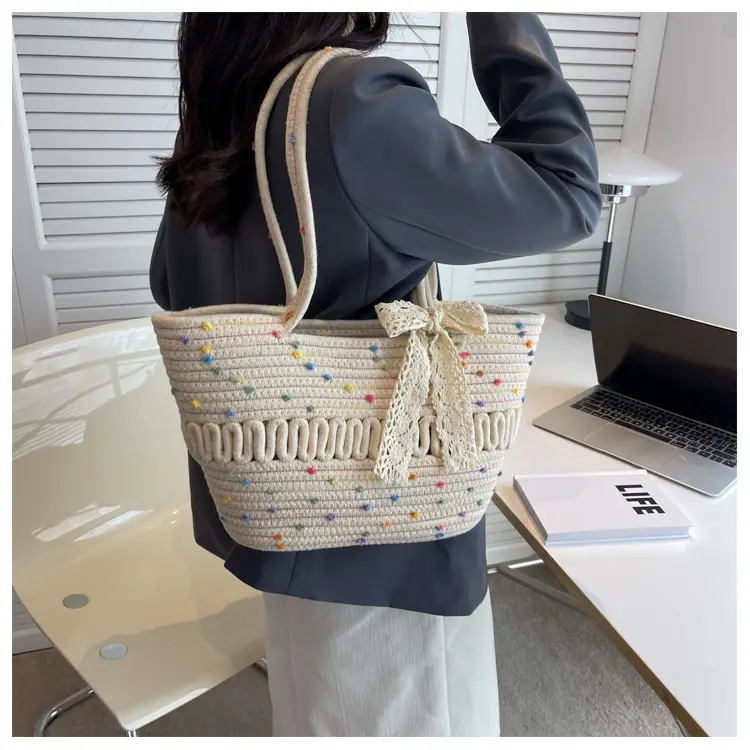Women's Beige Knitted Hand Tote with Bow — feature 10