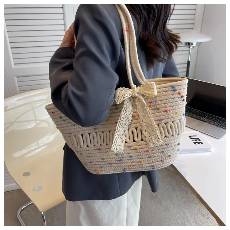 Women's Beige Knitted Hand Tote with Bow — feature 11