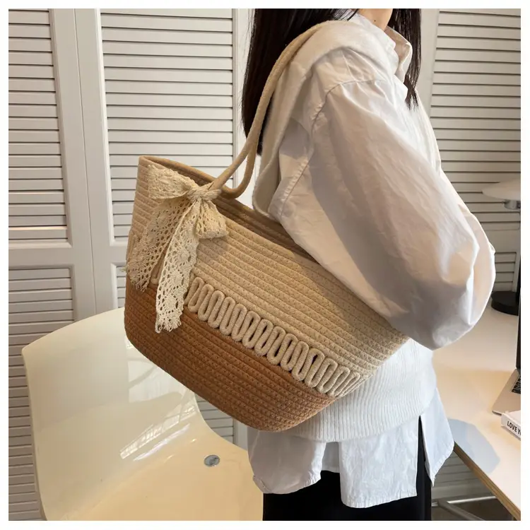 Women's Beige Knitted Hand Tote with Bow — feature 12