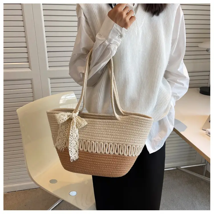 Women's Beige Knitted Hand Tote with Bow — feature 13