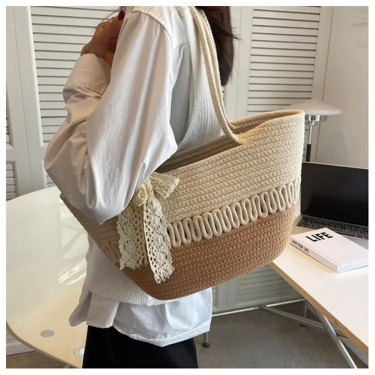 Women's Beige Knitted Hand Tote with Bow — feature 14