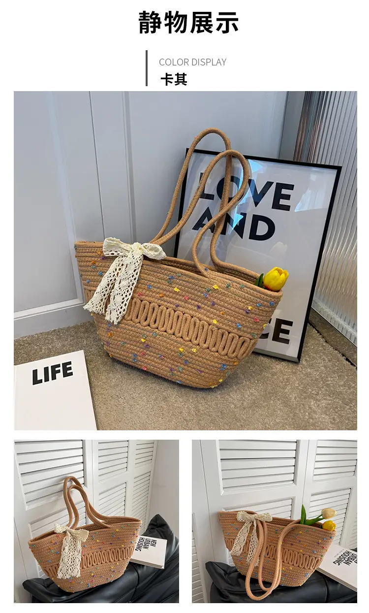 Women's Beige Knitted Hand Tote with Bow — feature 15
