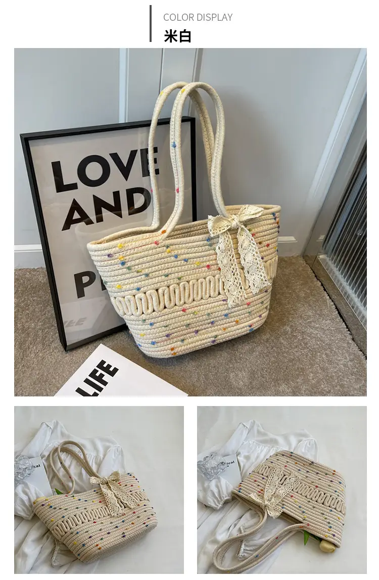 Women's Beige Knitted Hand Tote with Bow — feature 16