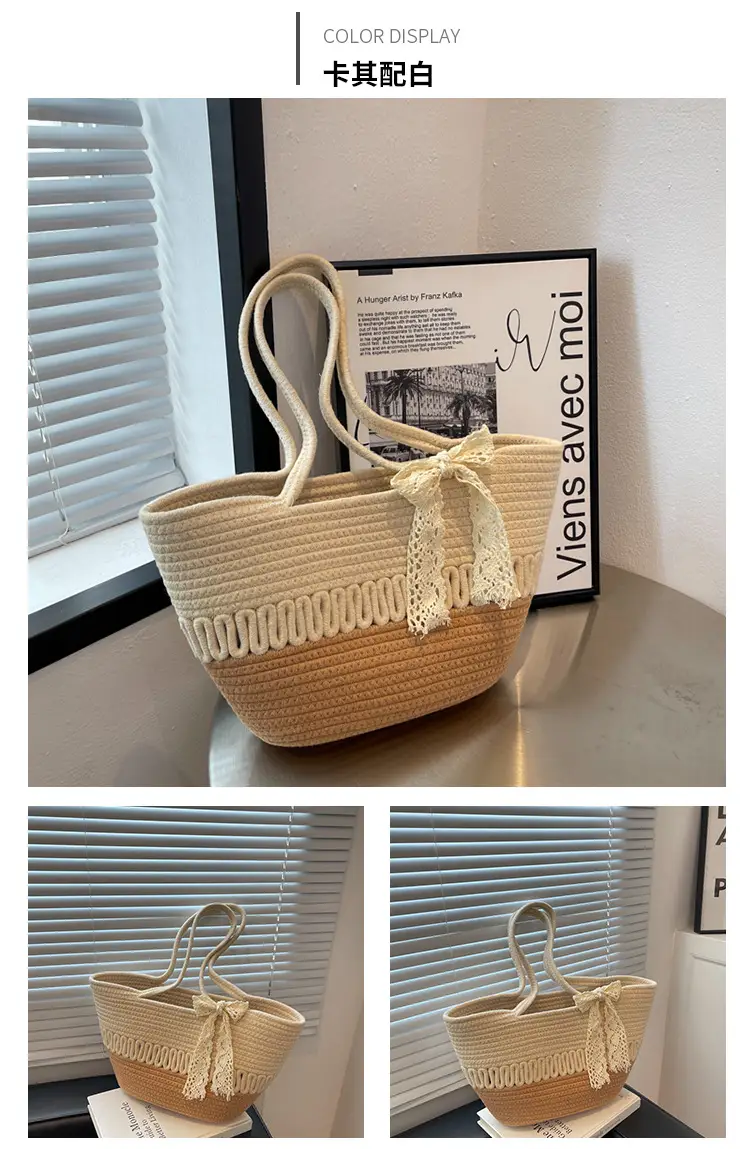 Women's Beige Knitted Hand Tote with Bow — feature 17
