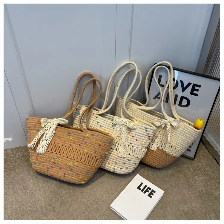 Women's Beige Knitted Hand Tote with Bow — feature 18