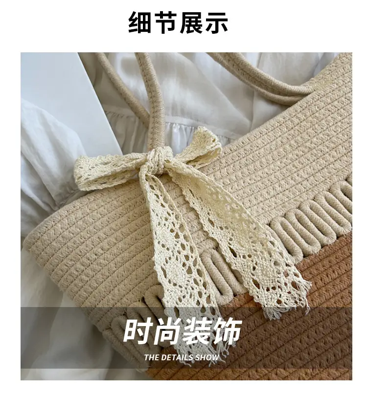 Women's Beige Knitted Hand Tote with Bow — feature 2
