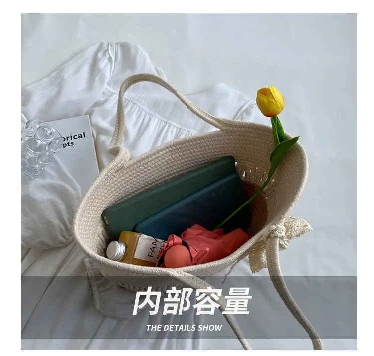 Women's Beige Knitted Hand Tote with Bow — feature 5