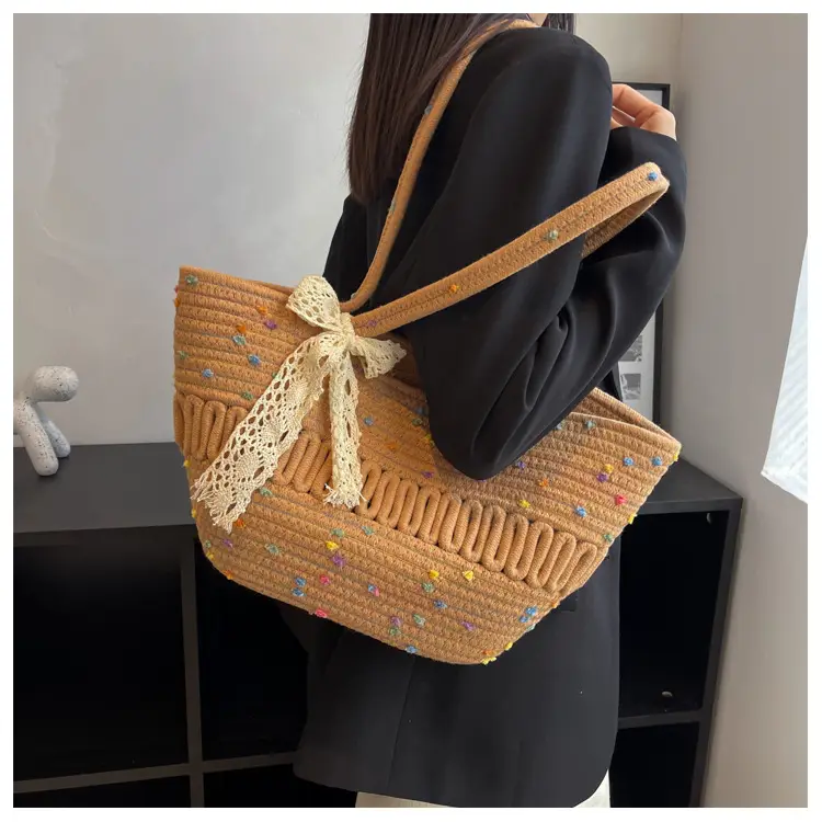 Women's Beige Knitted Hand Tote with Bow — feature 6