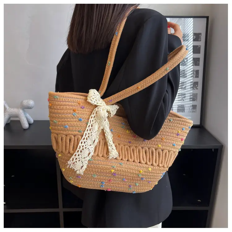 Women's Beige Knitted Hand Tote with Bow — feature 7