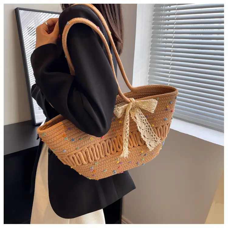 Women's Beige Knitted Hand Tote with Bow — feature 8