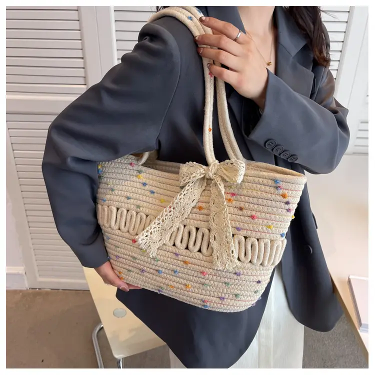 Women's Beige Knitted Hand Tote with Bow — feature 9