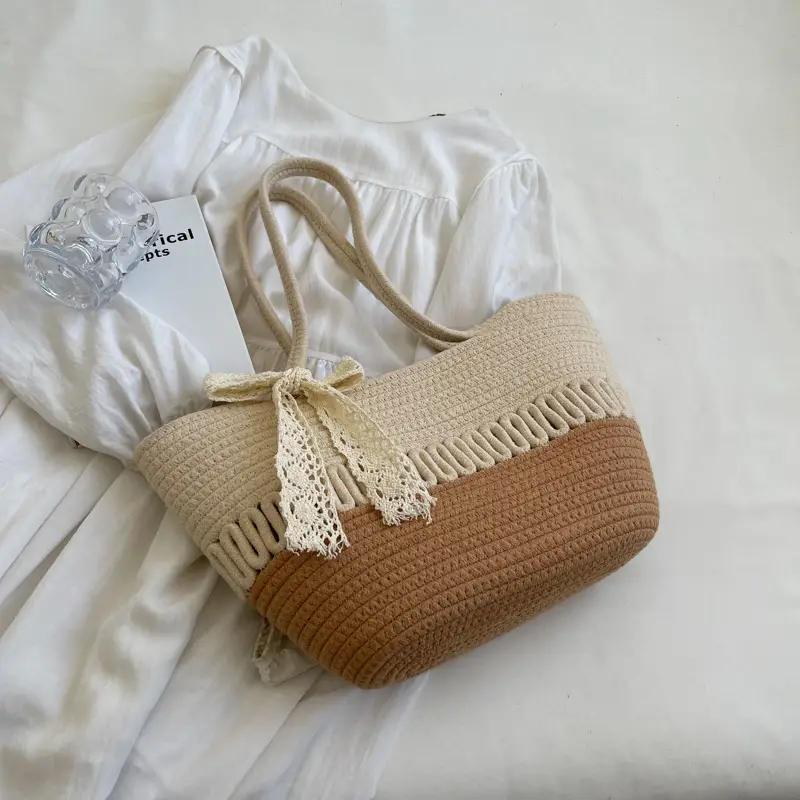 Women's Beige Knitted Hand Tote with Bow - Image 2