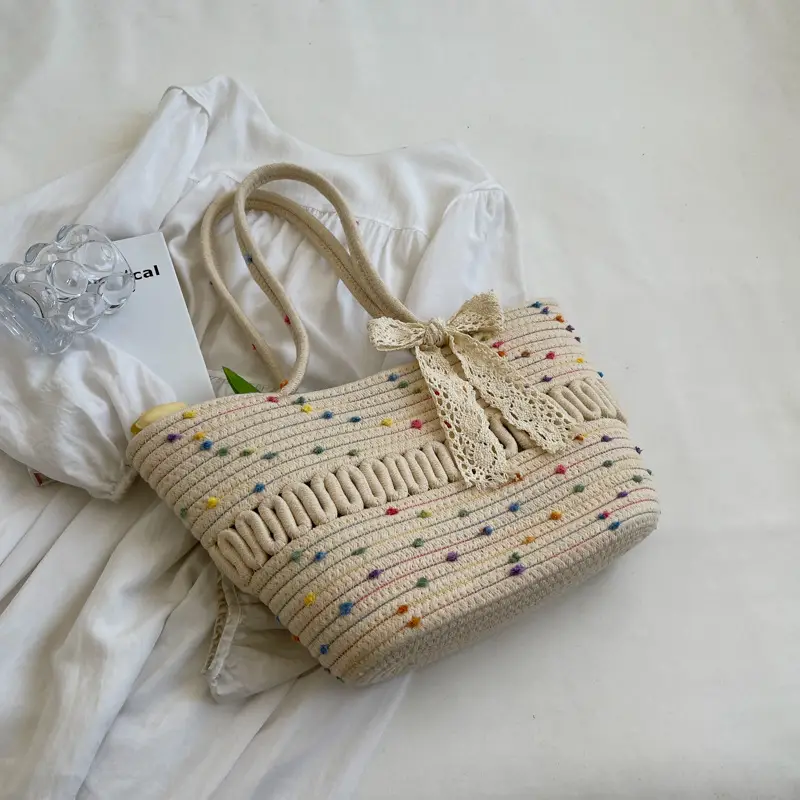 Women's Beige Knitted Hand Tote with Bow - Image 3