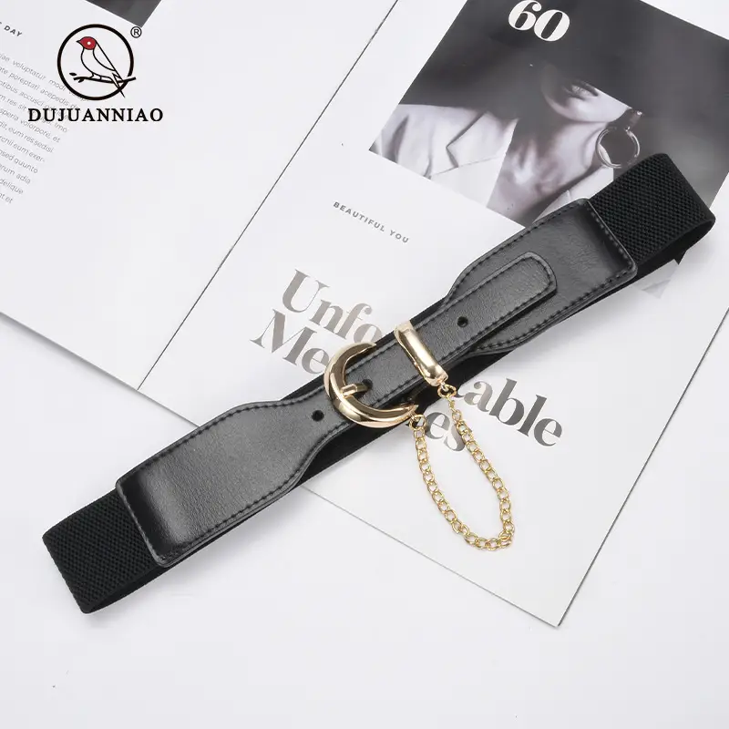 Korean Style Women's Black Elastic Wide Belt with Chain