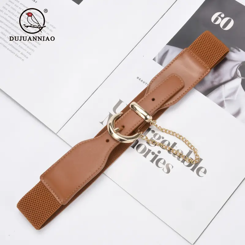 Korean Style Women's Black Elastic Wide Belt with Chain