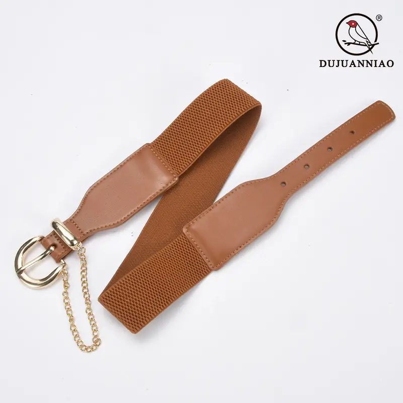 Korean Style Women's Black Elastic Wide Belt with Chain