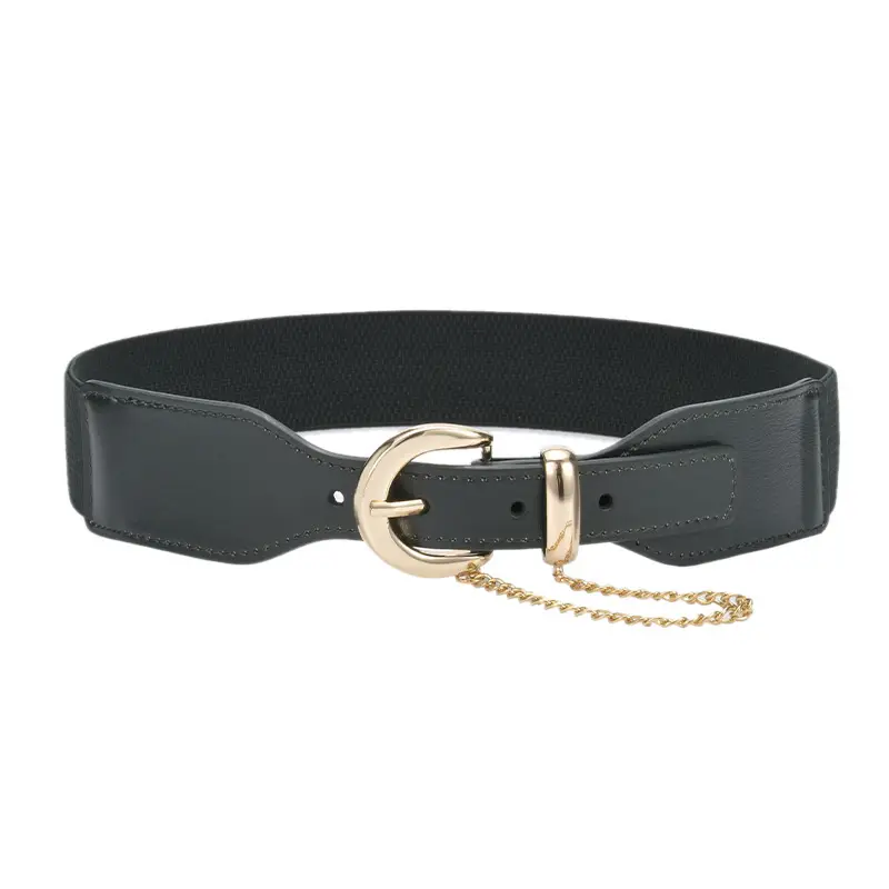 Korean Style Women's Black Elastic Wide Belt with Chain
