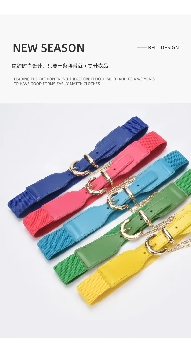 Korean Style Women's Black Elastic Wide Belt with Chain — feature 15