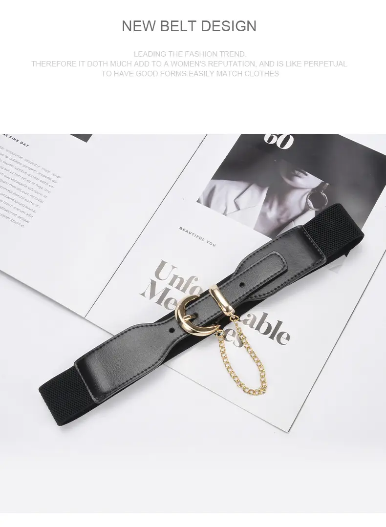 Korean Style Women's Black Elastic Wide Belt with Chain — feature 21