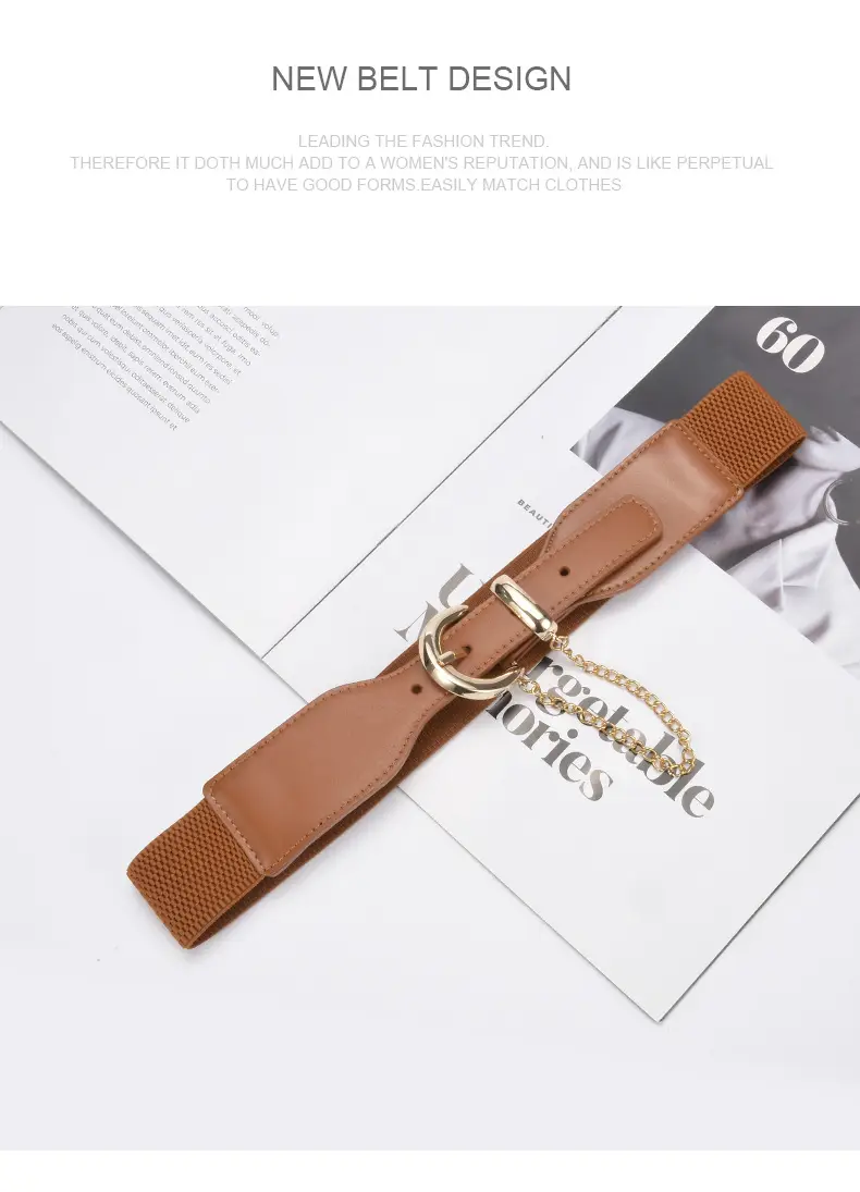 Korean Style Women's Black Elastic Wide Belt with Chain — feature 22