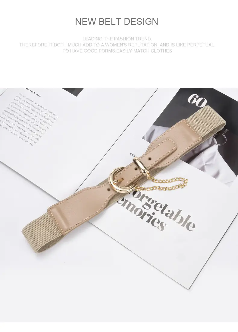 Korean Style Women's Black Elastic Wide Belt with Chain — feature 23