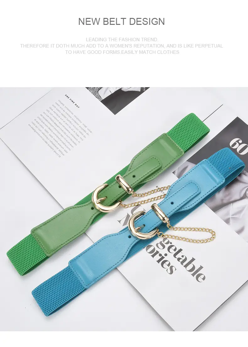 Korean Style Women's Black Elastic Wide Belt with Chain — feature 24