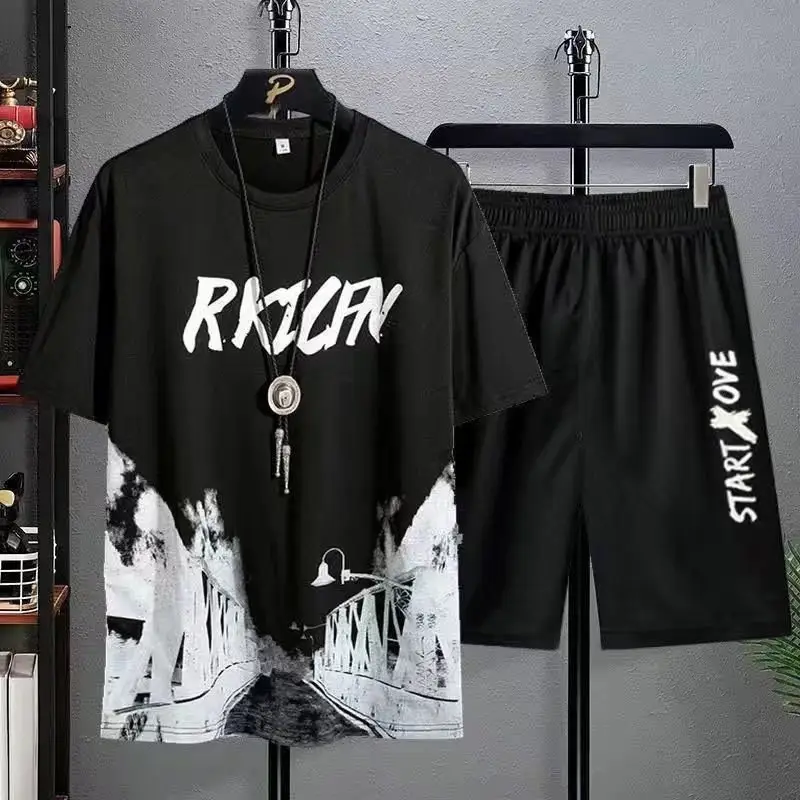Korean Style Black Graphic Shirt & Shorts Set Plus Size - Image 22