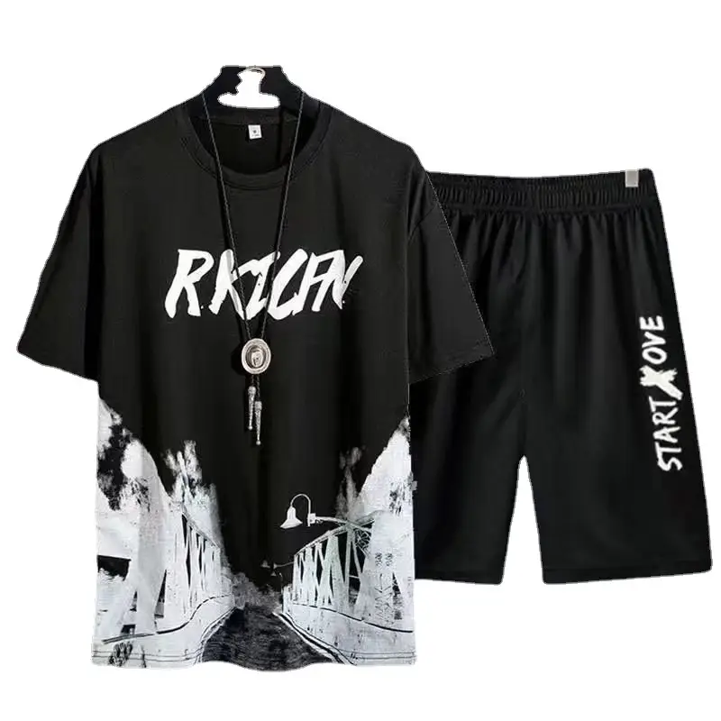 Korean Style Black Graphic Shirt & Shorts Set Plus Size - Image 25