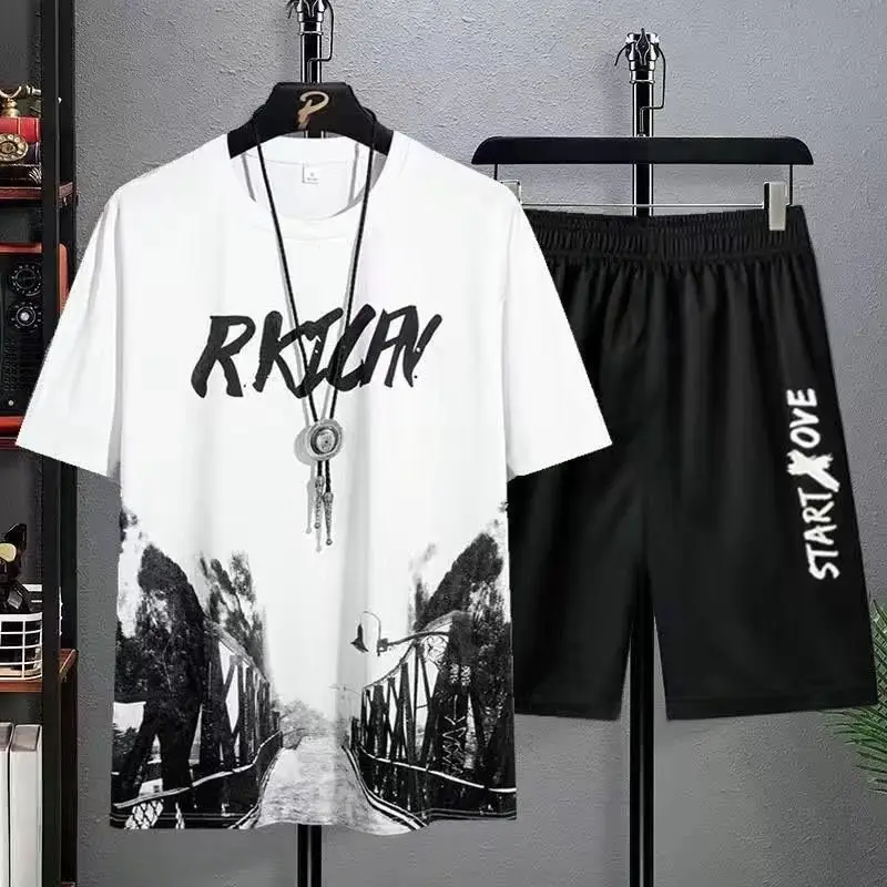 Korean Style Black Graphic Shirt & Shorts Set Plus Size - Image 2