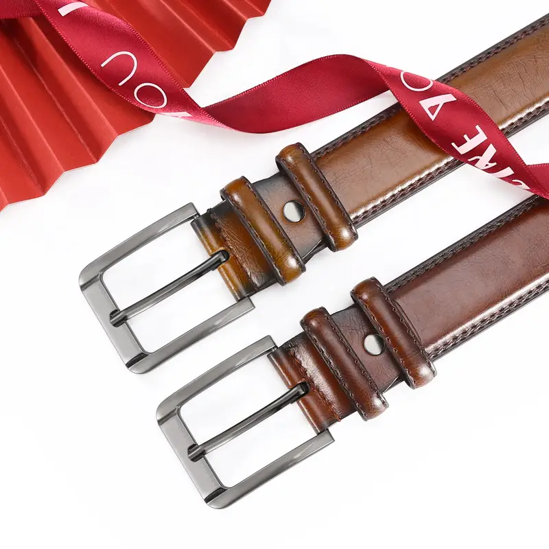 Men's Leather Belt with Double Buckle & Red Strap - Image 4