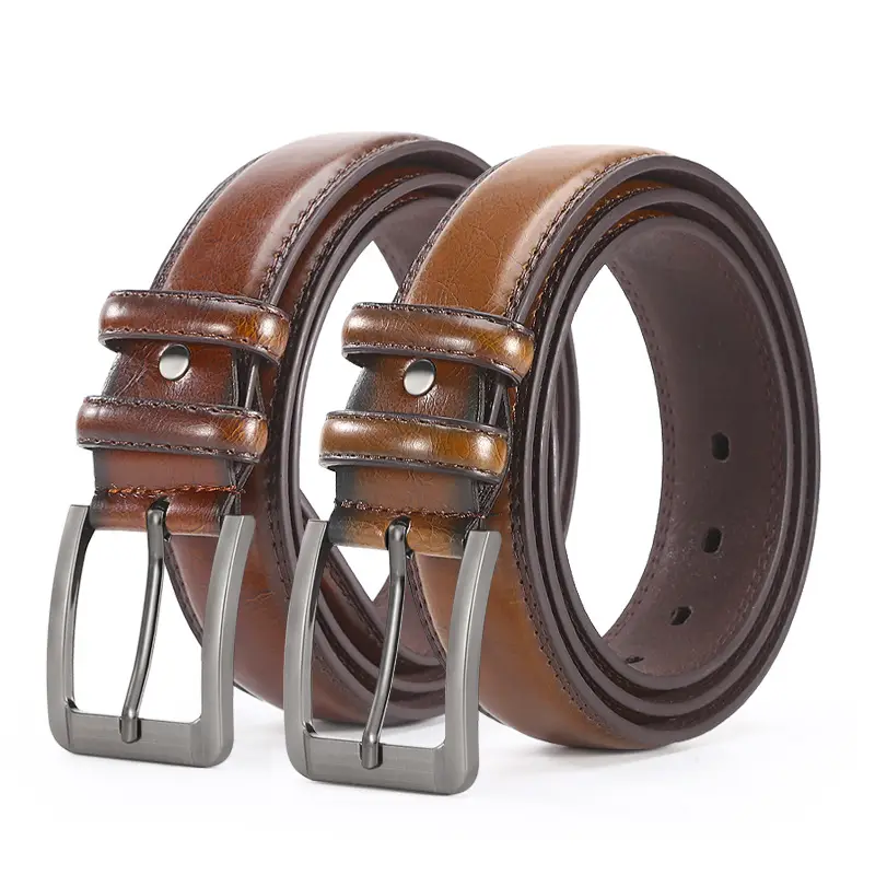 Men's Leather Belt with Double Buckle & Red Strap - Image 8