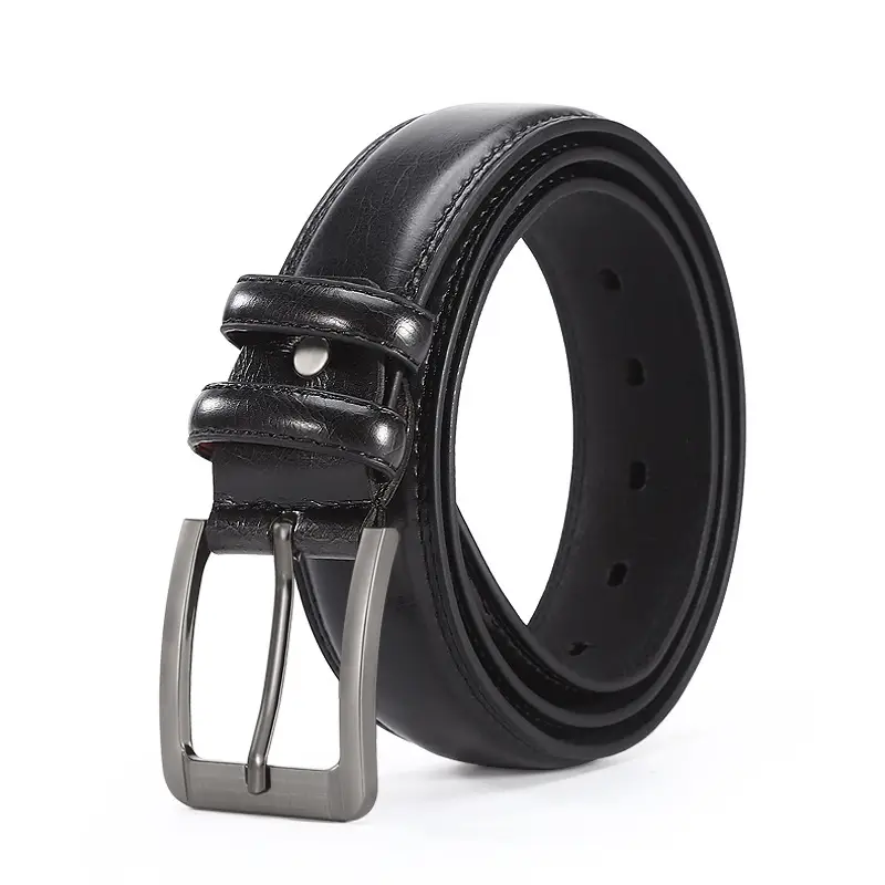 Men's Leather Belt with Double Buckle & Red Strap
