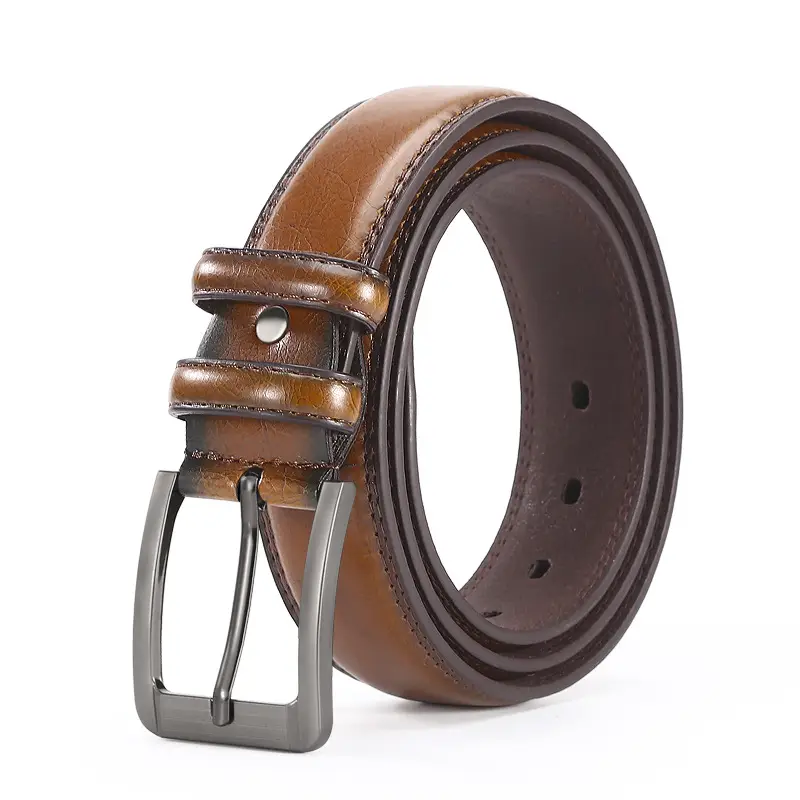 Men's Leather Belt with Double Buckle & Red Strap - Image 3