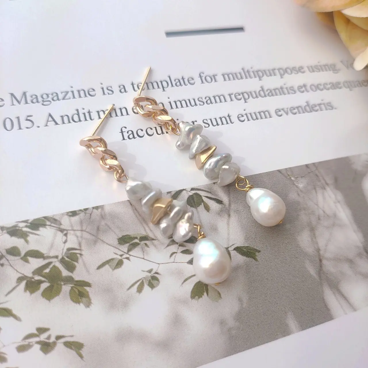 Pearl Earrings Long Design Silver White Baroque