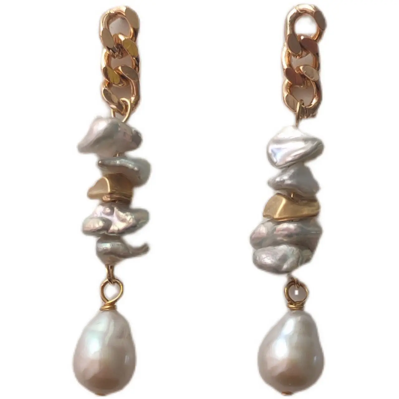 Pearl Earrings Long Design Silver White Baroque