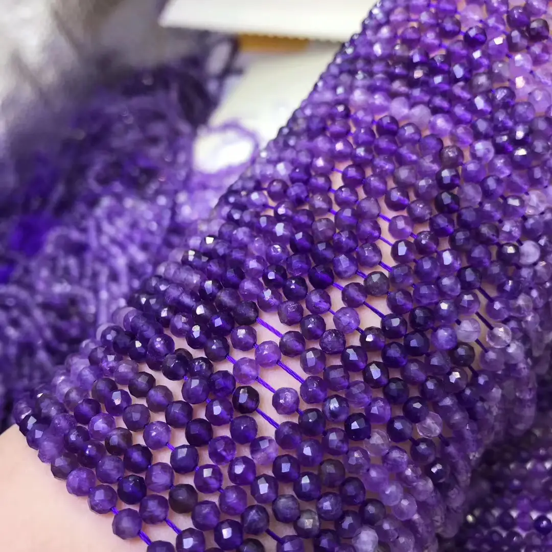 Natural Crystal Amethyst Beads 4-5mm Facet Round Purple - Image 3