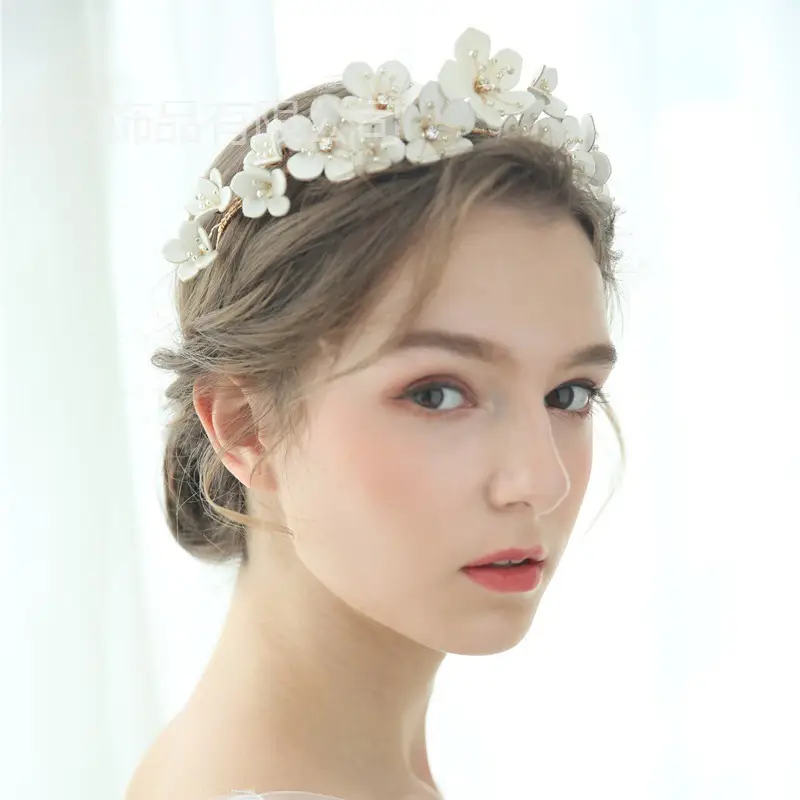 Rice Beads Rhinestone Flower Bridal Headband - Image 5